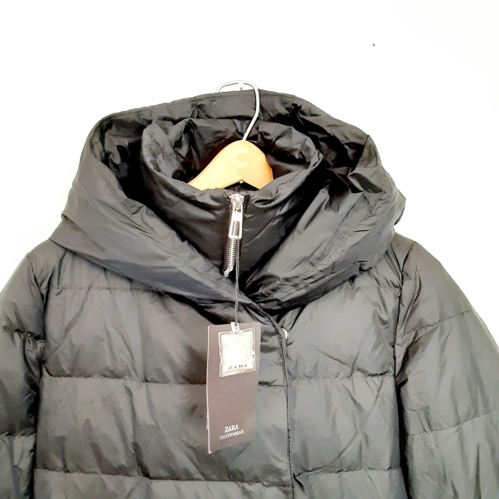 ZARA Puffer Hooded Down Long Black Coat M - Picture 4 of 10